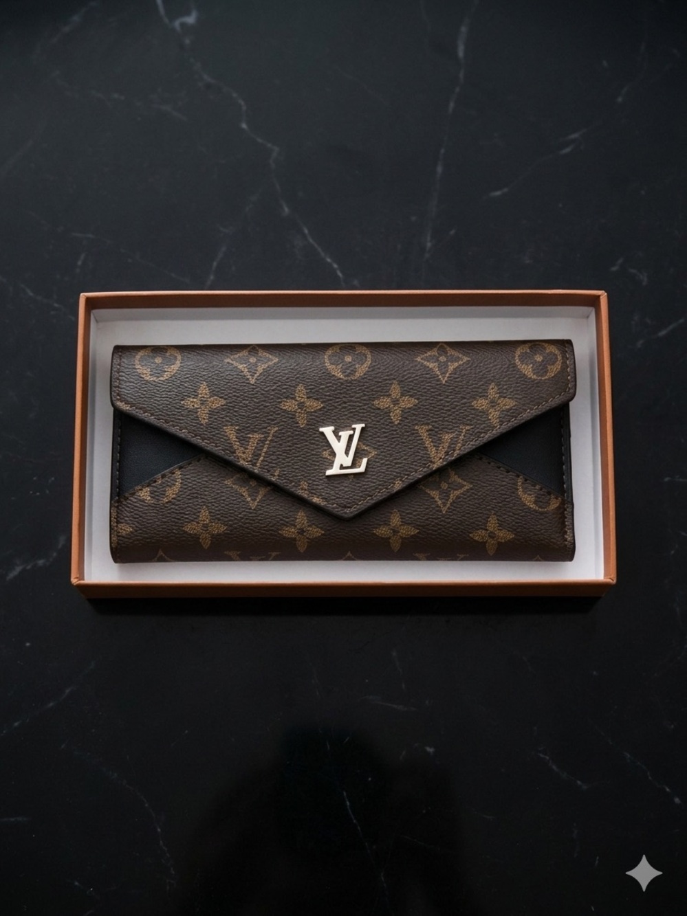 Monogram Canvas Brown Envelope Wallet with Gold Hardware
